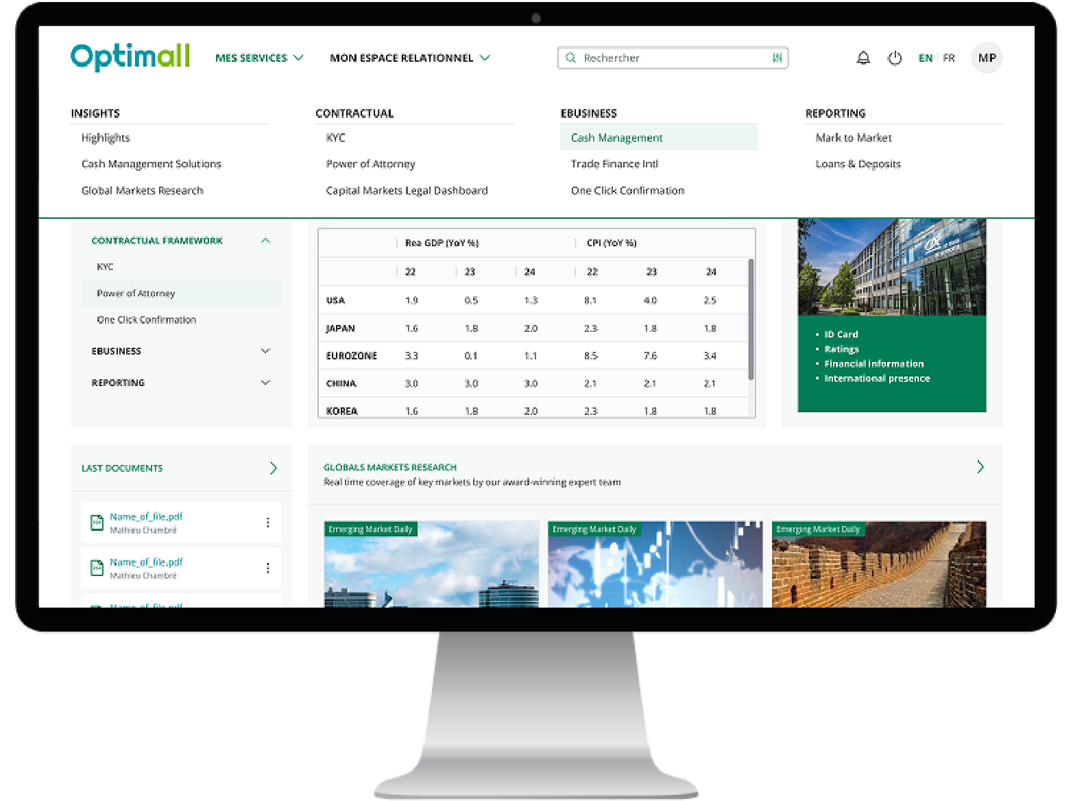 All e-business and web banking services of Optimall Crédit Agricole CIB portal