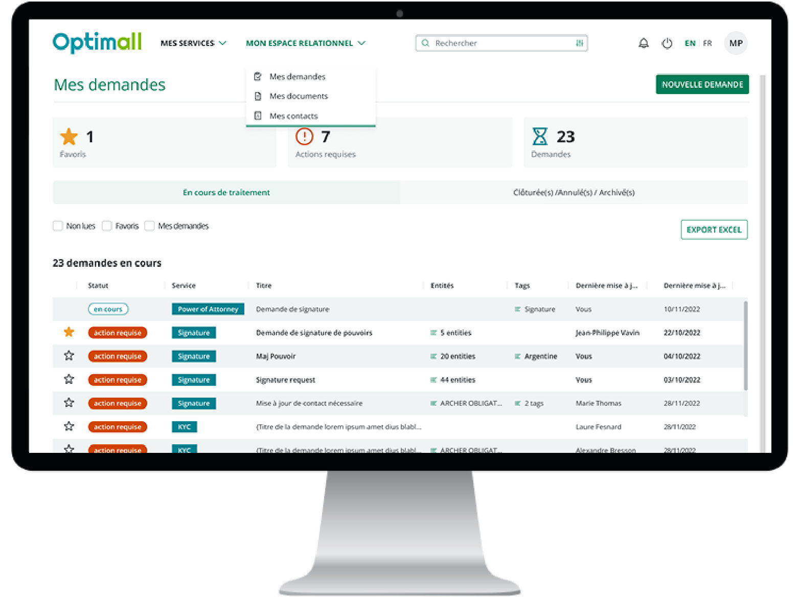 Relationship hub of Optimall Crédit Agricole CIB portal with the requests board, contracts, documents and signature
